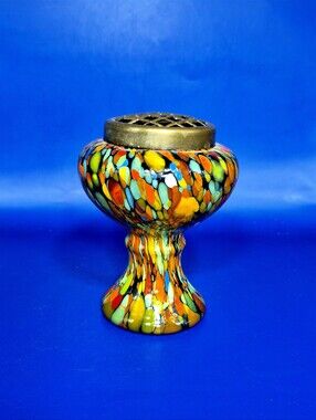 VTG Kralik Czech Art Deco Spatter Glass Pique Fleurs Vase Flower Frog 1930s